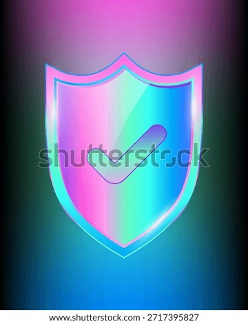 Check mark, Rainbow shield Realistic shiny trophy with tick icon protection emblem, Approved Label shiny royal award. vector design illustration on gradient background