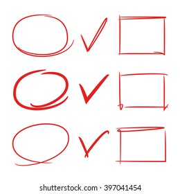 check mark, rectangle frame, red marker, circle highlighter