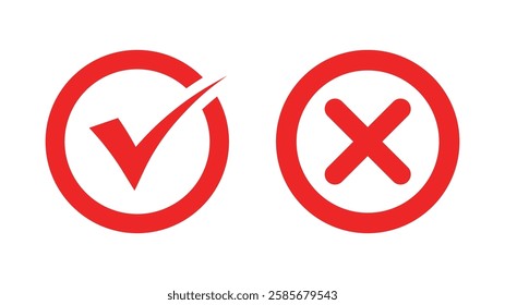 Check mark and red cross mark icon set, red tick and red x. Symbols of approval and Decline,  right and wrong buttons, Wrong and right icon vectors set