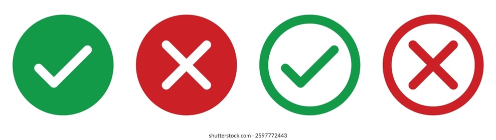 Check mark and red cross mark icon set. checkmark and cross mark isolated with white background. Checkmark and X mark icon use for apps and websites. Checkmark, icons.