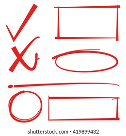 check mark, red hand drawn highlighter, markers