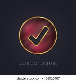 Check Mark Red Ruby with Golden Frame Precious Jewellery Icon / Logo Design