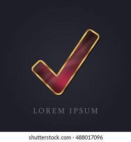 Check Mark Red Ruby with Golden Frame Precious Jewellery Icon / Logo Design