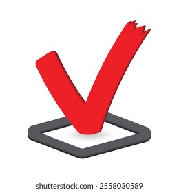 Check mark in red. Three-dimensional sign
