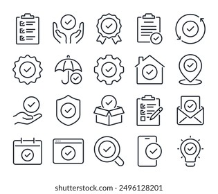 Check mark related editable stroke outline icons set isolated on white background flat vector illustration. Pixel perfect. 64 x 64