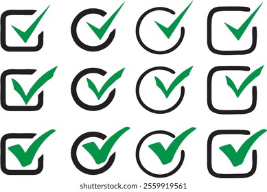 Check mark right or correct icons in box. Different style and shape checklist designs. Check-mark icon for voting, approval, selection, business, office, poster, and web designs. eps 10