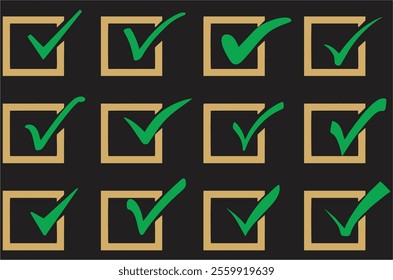 Check mark right or correct icons in box. Different style and shape checklist designs. Check-mark icon for voting, approval, selection, business, office, poster, and web designs. eps 10