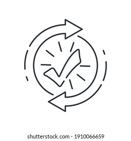 Check mark and rotation arrows. Successful progress. Improvement and renewal. New knowledge and skills. Vector linear icon isolated on white background.