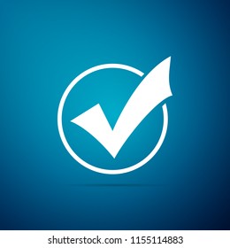Check mark in round icon isolated on blue background. Check list button sign. Flat design. Vector Illustration