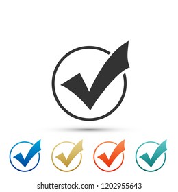 Check mark in round icon isolated on white background. Check list button sign. Set elements in colored icons. Flat design. Vector Illustration