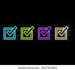 Marca de verificación de signo de neón redondo. Marca de verificación verde neón brillante en círculo sobre fondo de ladrillo azul oscuro. Ilustración vectorial de lista de comprobación, formularios, sitios.