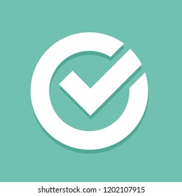 Check mark in round shape icon isolated on green background cartoon vector illustration