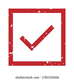 Marque el sello de goma. Robo rojo aceptado en la huella de marco cuadrado con textura rayada. Signo de goma con borde, aprobar o verificar elemento en la caja aislada en la ilustración de vector blanco