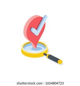 Check mark search magnifier label. Vector 3d isometric, color web icon, new flat style. Creative illustration design, graphic idea for infographics.