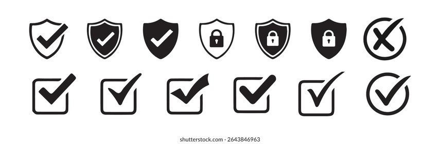 Check Mark and Security Shield Icons Set – Approval, Protection, Lock Symbols. Vector illustration eps 10