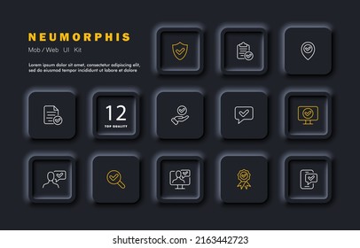 Markierungssymbol markieren. Zwischenablage, Zeiger, Schild, Monitor, Kommentar, Überprüfung, Hand, geprüft, Erfolg, Leistung, fertig, genehmigt. Tick-Konzept. Neomorphismus-Stil. Vektorliniensymbol für Unternehmen