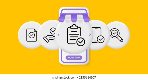 Check mark set icon. File, hand, clipboard, phone, search, success. Access concept. UI phone app screens with people. Vector line icon for Business and Advertising