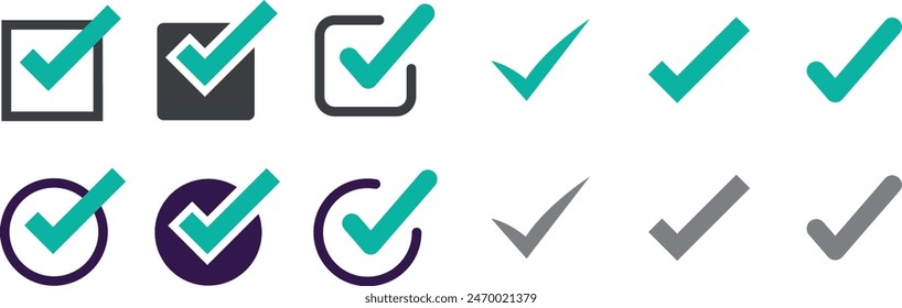 Check mark set icon. Simple web buttons. Checkmarks and confirm. Round grey and green vector set with box and circle tick symbol. Checked checkbox sign. Approved template and UI editable eps vectors