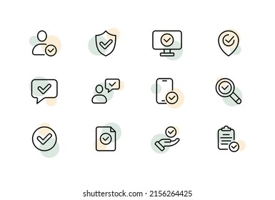 Check mark set icon. Ticks with man, shield, monitor, printer, feedback, phone, magnifier, clipboard, hand, file, etc. Success concept. Vector line icon for Business and Advertising