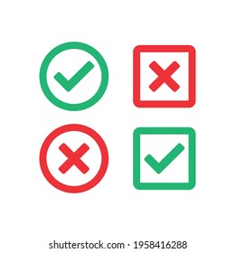 Check mark set vector icons. Green check mark and red cross symbols isolated Vector illustration EPS 10
