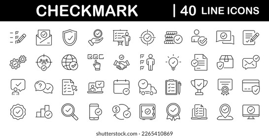 Marcar el conjunto de iconos web en el estilo de línea. Aprobar iconos para aplicaciones web y móviles. Aprobar, marcar marcas, marchas, inspector, comprobación de calidad, iconos aprobados y más. Ilustración del vector