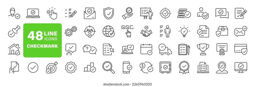 Check mark set of web icons in line style. Approve icons for web and mobile app. Approve, check marks, ticks, inspector, quality check, approved icons and more. Vector illustration