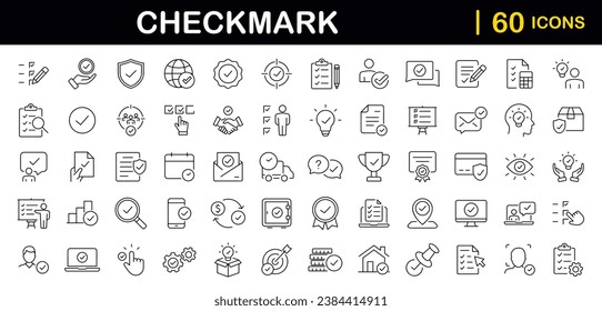 Marcar el conjunto de iconos web en el estilo de línea. Aprobar iconos para aplicaciones web y móviles. Aprobar, marcar marcas, marchas, inspector, comprobación de calidad, iconos aprobados y más. Ilustración del vector