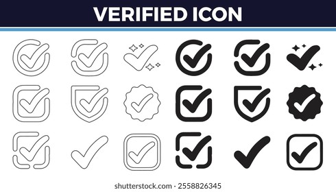 Check mark set of web icons in line style. Approve icons for web and mobile app. Approve, check marks, ticks, inspector, quality check, approved icons and more. Vector illustration