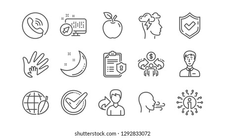 Marcar, Compartir economía y Confirmar iconos de la línea de estrés. Política de Privacidad, Responsabilidad Social. Conjunto de iconos lineales. Vector