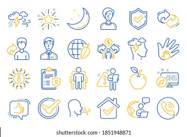 Check mark, Sharing economy and Mindfulness stress, Breath people line icons. Privacy Policy, Social Responsibility, Breath icons. Bad weather, Tick check mark, sharing refer, stress. Vector