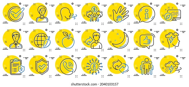 Check mark, Sharing economy and Mindfulness stress, Breath people line icons. Privacy Policy, Social Responsibility, Breath icons. Bad weather, Tick check mark, sharing refer, stress. Vector