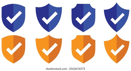 check mark shield icon symbol, checkmark shield icon. Checked sign, tick icon, Shield icon, security shields logotypes with check mark and padlock. Security shield symbols. Design eps 10