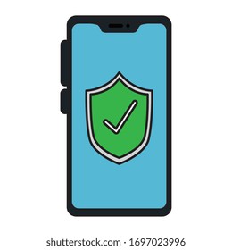 Check mark shield inside smartphone design, Ok tick choice correct approved choose vote positive and web theme Vector illustration