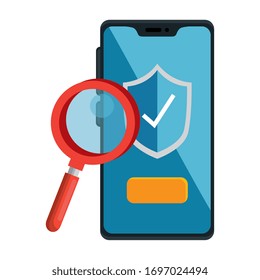 Check mark shield inside smartphone and lupe design, Ok tick choice correct approved choose vote positive and web theme Vector illustration