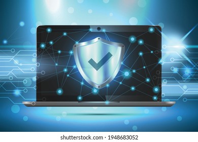 Check mark shield on laptop screen. vector illustration