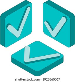 Check mark sign in 3D style.Isometric vector illustrations in different angles in the style of hand drawing.