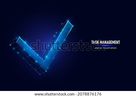 Check mark sign of approved decision digital wireframe made of connected dots. Symbol of posivive choice low poly vector illustration on blue background.