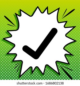 Signo de marca de verificación. Icono negro sobre la parte blanca Splash en fondo verde con puntos blancos.  Ilustración.