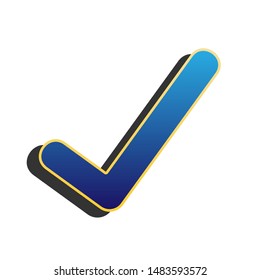 Check mark sign. Blue icon with gold contour with dark gray shadow at white background. Illustration.