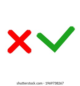 Check mark sign and Cross drawn with brush on white Background.