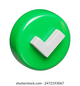 Check mark sign, green round shaped button 3D realistic. Yes or correct check mark in green circle. Validation concept, safe account, confirmed transaction three-dimensional vector