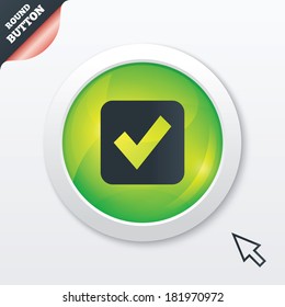 Check mark sign icon. Checkbox button. Green shiny button. Modern UI website button with mouse cursor pointer. Vector