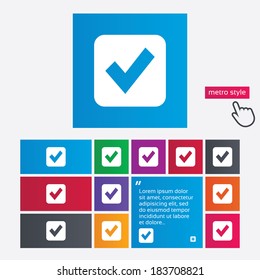 Check mark sign icon. Checkbox button. Metro style buttons. Modern interface website buttons with hand cursor pointer. Vector