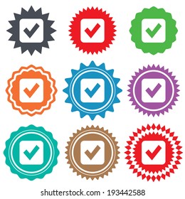 Check mark sign icon. Checkbox button. Stars stickers. Certificate emblem labels. Vector