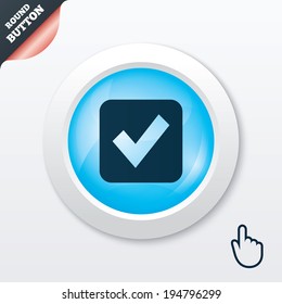 Check mark sign icon. Checkbox button. Blue shiny button. Modern UI website button with hand cursor pointer. Vector