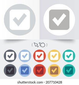 Check mark sign icon. Checkbox button. Round 12 circle buttons. Shadow. Hand cursor pointer. Vector