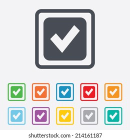Check mark sign icon. Checkbox button. Round squares buttons with frame. Vector