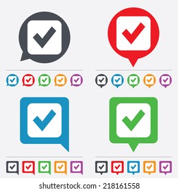 Check mark sign icon. Checkbox button. Speech bubbles information icons. 24 colored buttons. Vector