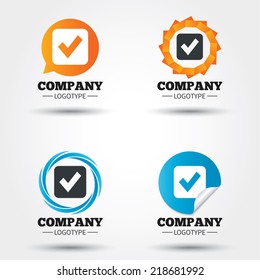Check mark sign icon. Checkbox button. Business abstract circle logos. Icon in speech bubble, wreath. Vector
