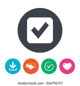 Check mark sign icon. Checkbox button. Download arrow, handshake, tick and heart. Flat circle buttons.